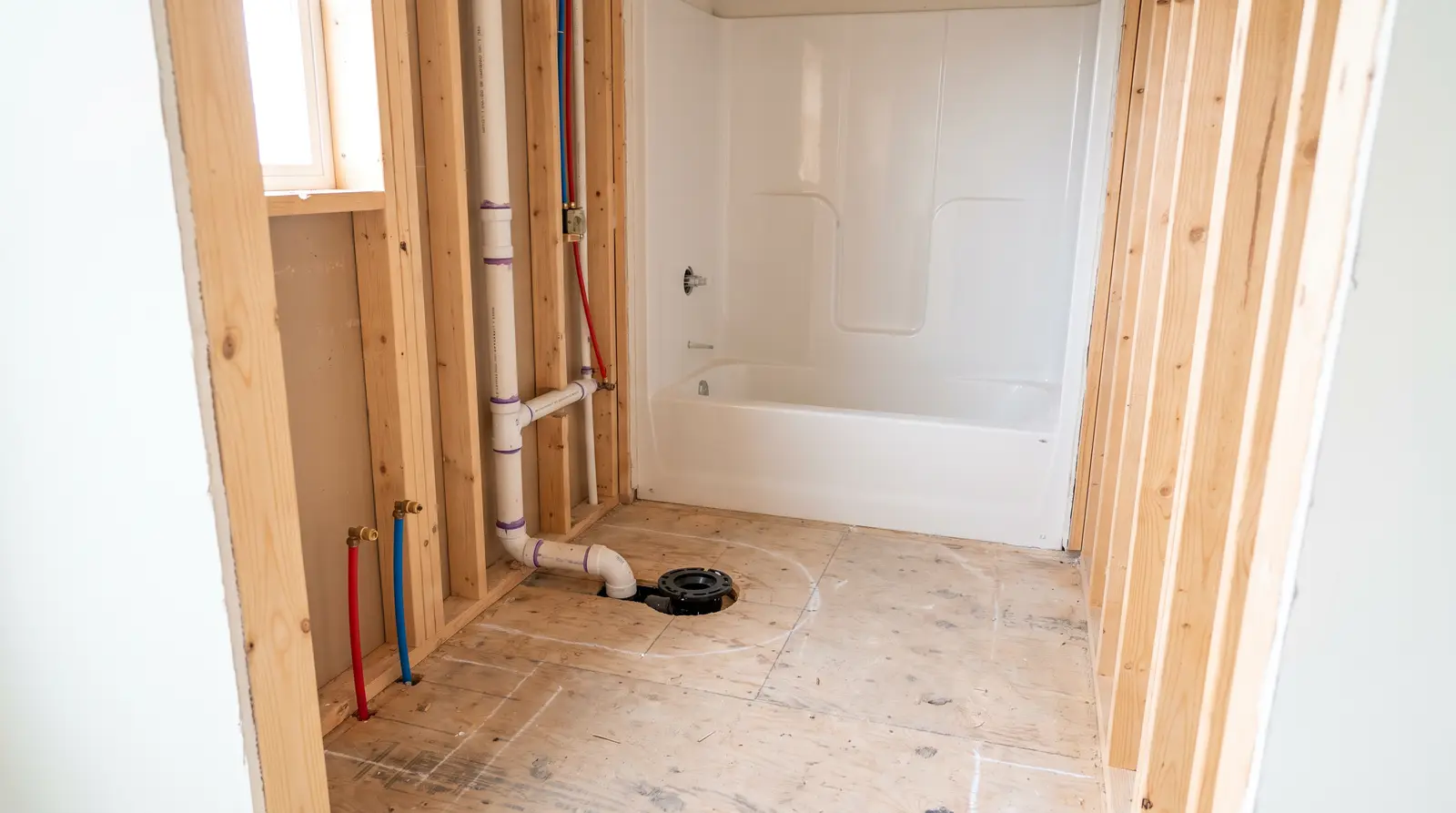 Illustration: a bathroom at rough-in, studs open, white PVC drains and red and blue PEX